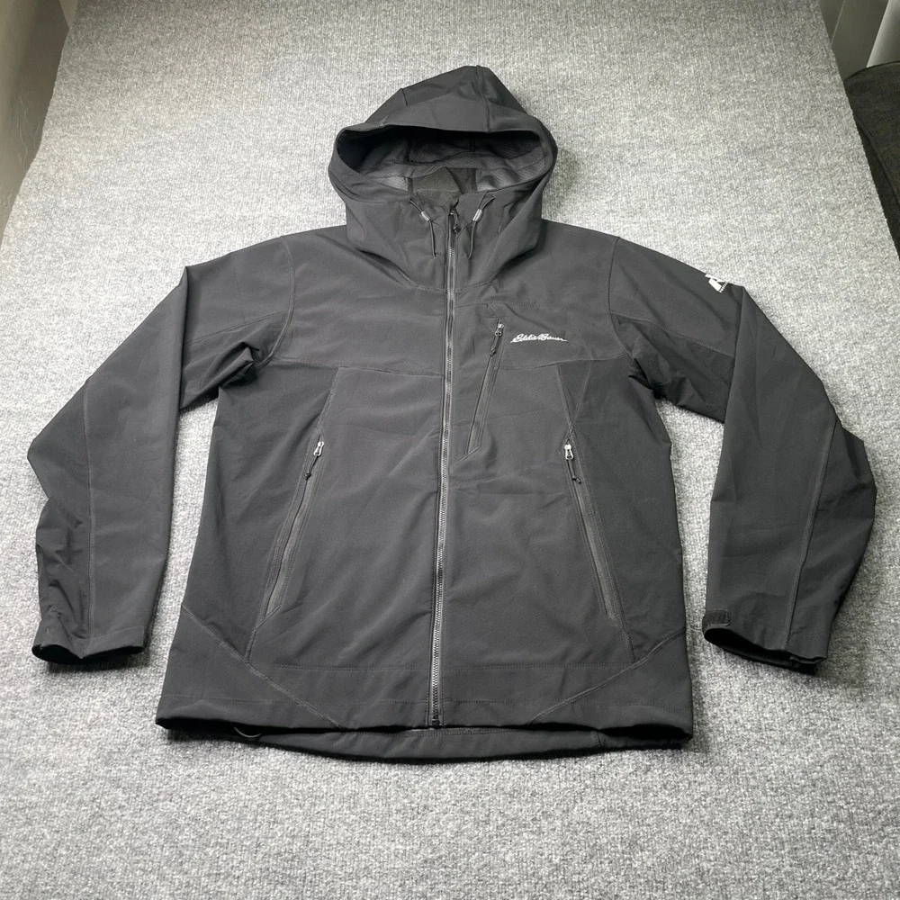 Eddie Bauer First Ascent Sandstone Softshell Jacket Mens Medium Black Hooded Zip